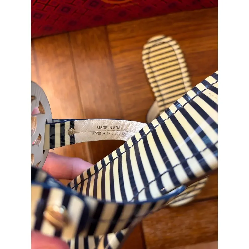Tory Burch Miller Sandals Size 6 Navy Nautical Striped Patent Leather Thong